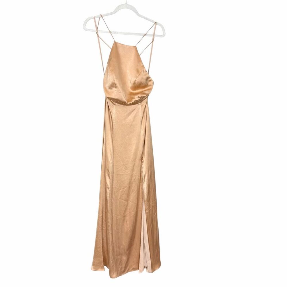 NWT Fame And Partners Maxi Dress Womens 2 Gold Beige Open Criss Cross Back Gown